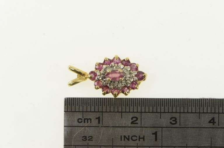 14K Yellow Gold Marquise Ruby Diamond Halo Cluster Vintage Pendant