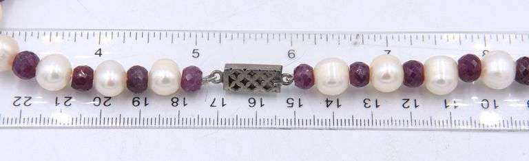 Ruby and Cubic Zirconia Medall Pendant on Ruby and Pearl Beaded Necklace