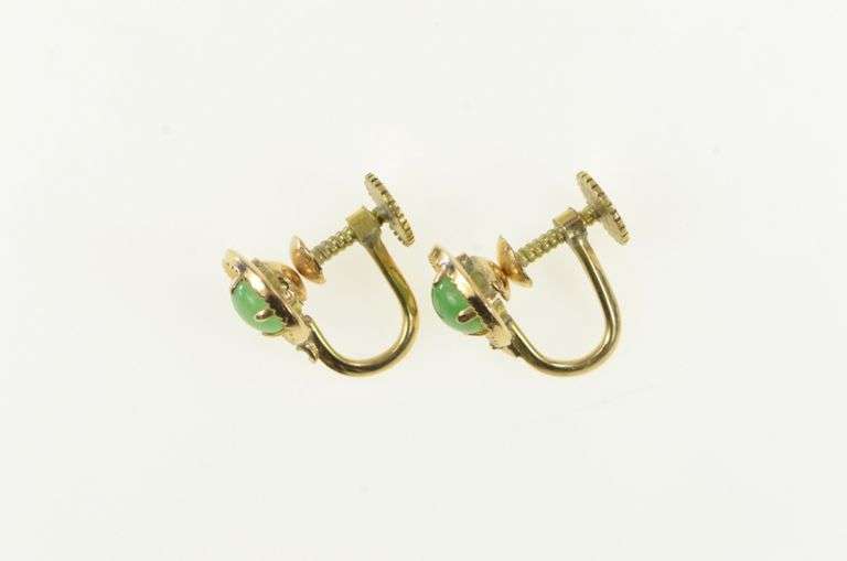 14K Yellow Gold Round Jade Cabochon Screw Back Vintage Earrings