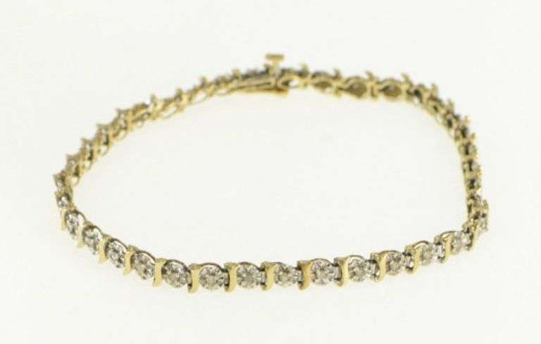 10K Yellow Gold Wavy Link Simple Diamond Tennis Bracelet