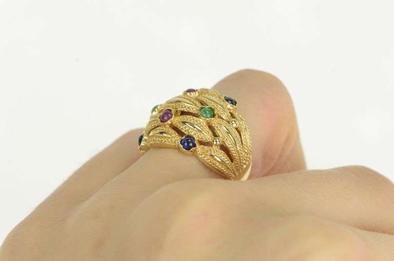 14K Yellow Gold Sapphire Emerald Ruby Scalloped Layered Ring