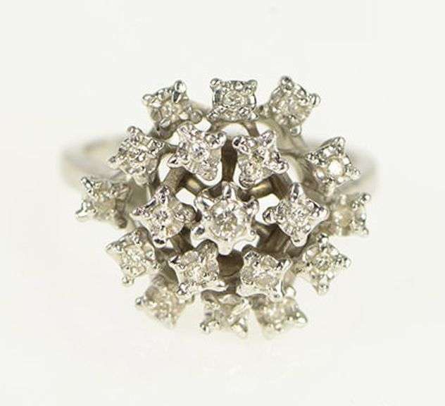 14K White Gold Diamond Domed Cocktail Vintage Statement Ring