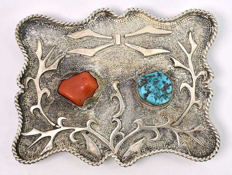 Turquoise and Coral Belt Buckle in Sterling Silver