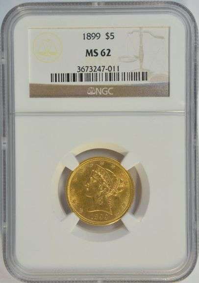 Fully struck Choice BU 1899 $5 Liberty Gold Piece. NGC MS62