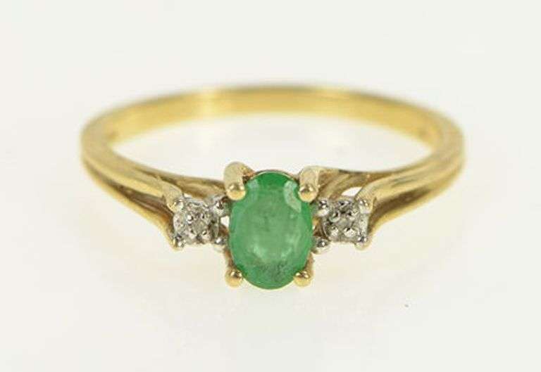10K Yellow Gold Oval Emerald Diamond Vintage Statement Ring
