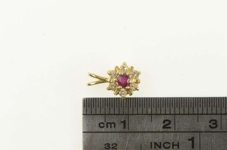 14K Yellow Gold Ruby Diamond Halo Flower Cluster Vintage Pendant