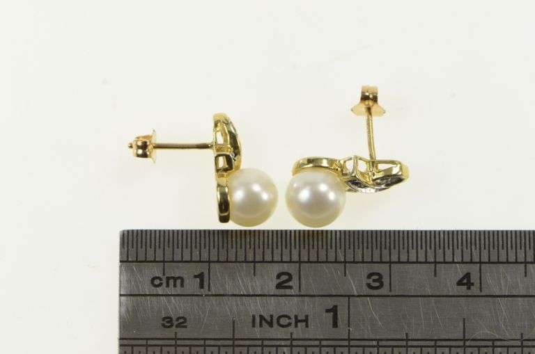 10K Yellow Gold Pearl Diamond Ribbon Vintage Stud Earrings