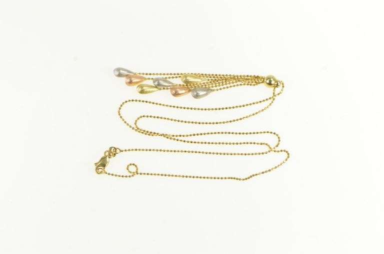 14K Yellow Gold Tri Tone Tear Drop Fringe Ball Chain Link Necklace