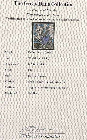 Very Collectible Pablo Picasso Lithograph from Toros y Toreros Circa 1961
