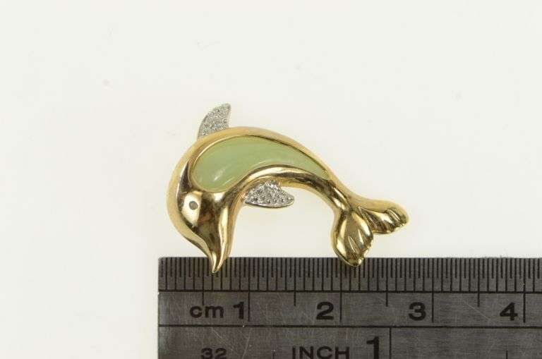10K Yellow Gold Jadeite Dolphin Diamond Eyed Ocean Pendant