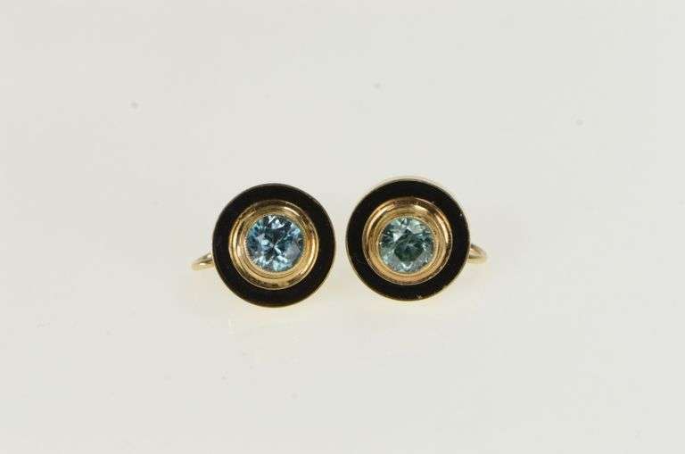 10K Yellow Gold 1940's Blue Topaz Black Enamel Screw Back Earrings