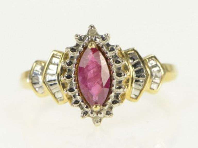10K Yellow Gold Marquise Ruby Diamond Accent Statement Ring
