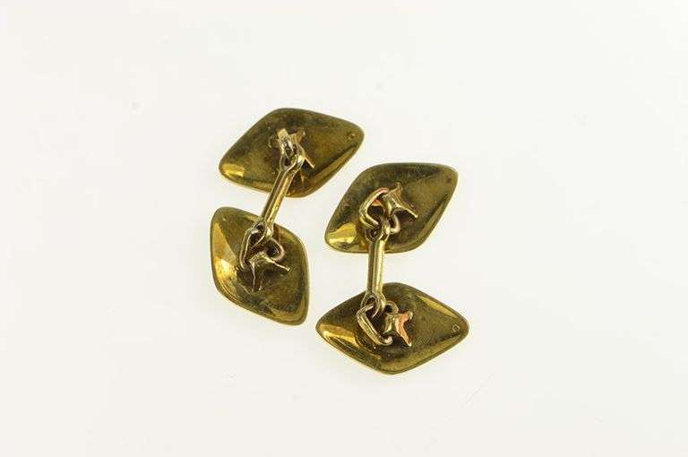 14K Yellow Gold Art Deco Black Geometric Enamel Striped Cuff Links