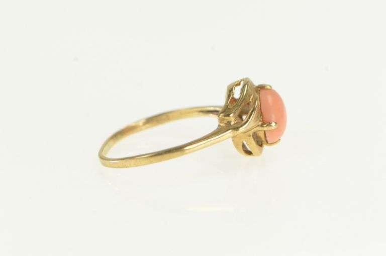 10K Yellow Gold Coral Cabochon Vintage Bypass Statement Ring