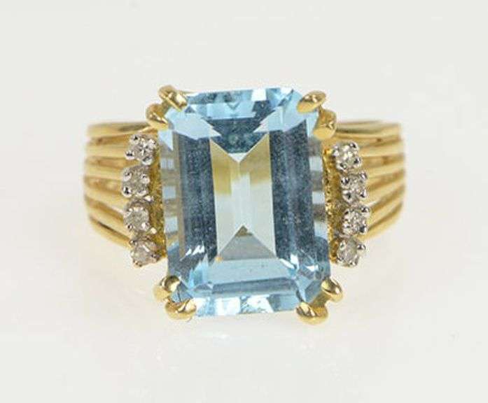 14K Yellow Gold Emerald Cut Blue Topaz Diamond Cocktail Ring