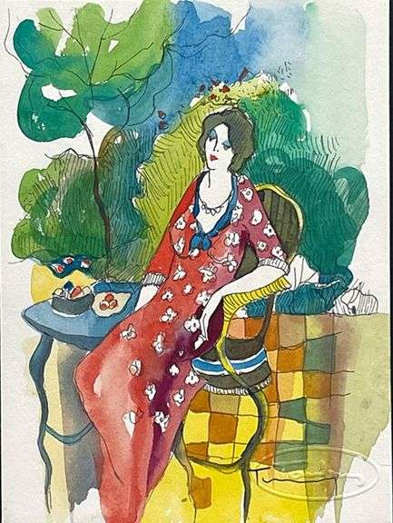 One-Of-A-Kind Unique Orignal Watercolor by Itzchak Tarkay