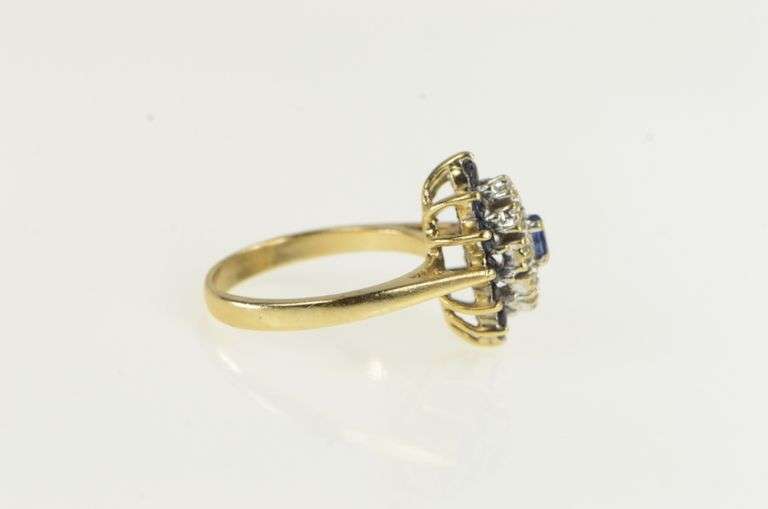 10K Yellow Gold Sapphire Diamond Halo Cluster Marquise Shaped Ring