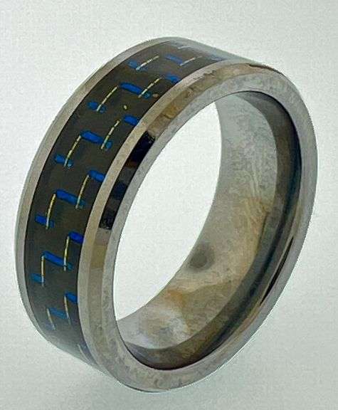 Tungsten ring with blue colored inlay