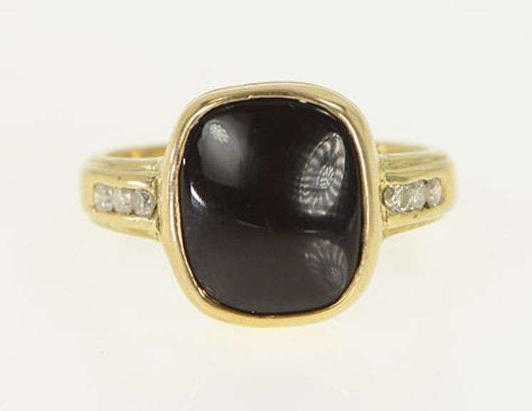14K Yellow Gold Vintage Black Onyx Diamond Statement Ring