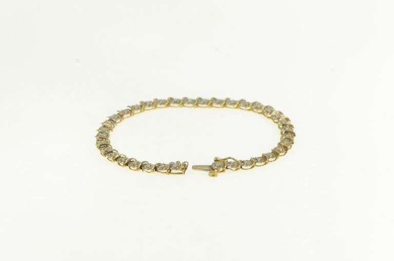 10K Yellow Gold Simple Vintage Diamond Wavy Link Tennis Bracelet