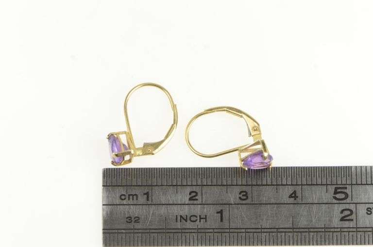 14K Yellow Gold Trillion Amethyst Ornate Lever Back Earrings