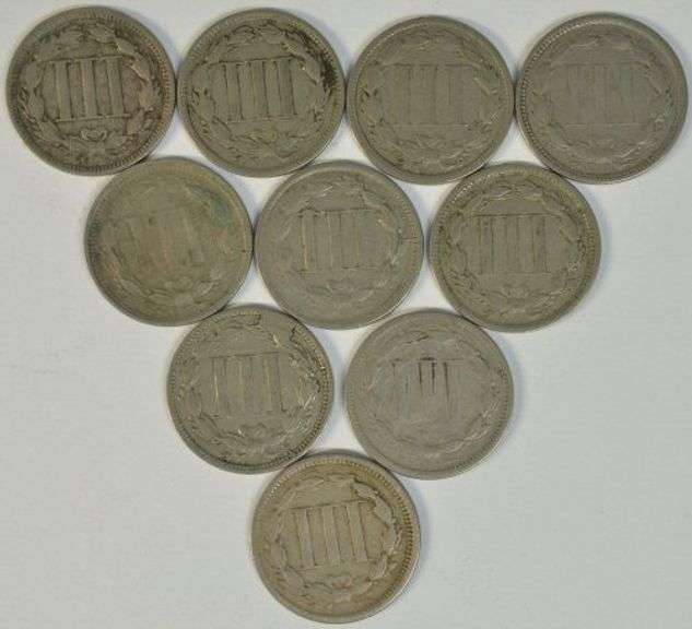 5 1865 and 5 1866 Three Cent Nickel Pieces in circ. (10 pcs)