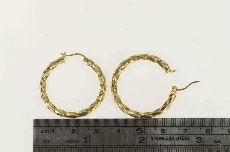 10K Yellow Gold 30.5mm Twist Design Vintage Statement Hoop Earrings