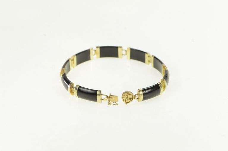 10K Yellow Gold Carved Black Onyx Bar Link Vintage Chinese Bracelet
