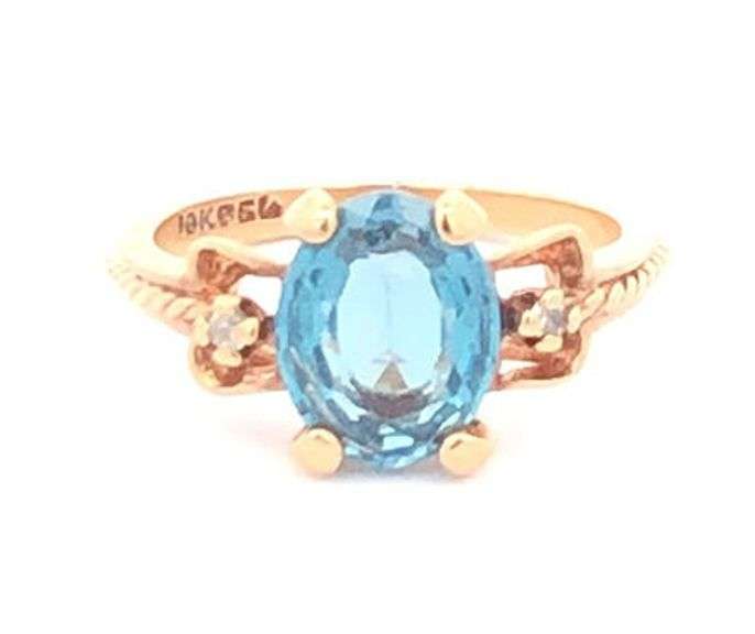 10K Yellow Gold Vintage Oval Blue Topaz Diamond Accent Ring
