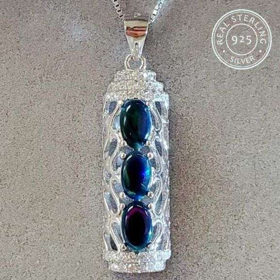 ETHIOPIAN BLACK OPAL & CREATED WHITE SAPPHIRE STERLING SILVER PENDANT