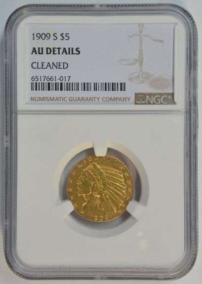 Very Scarce key date 1909-S $5 Indian Gold Piece. NGC AU