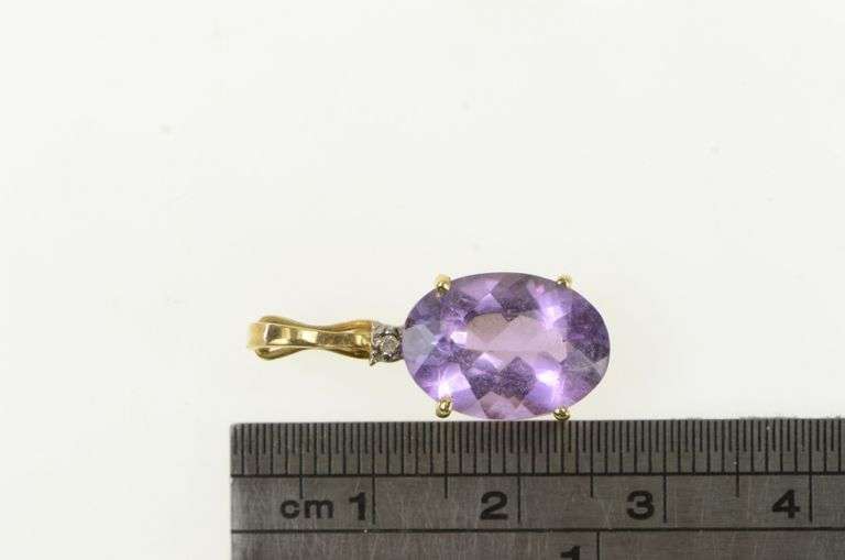14K Yellow Gold Oval Amethyst Diamond Accent Vintage Pendant