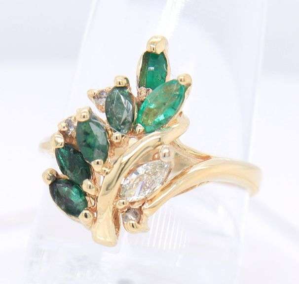 Charming Yellow Gold Marquise Emerald and Diamond Cluster Ring