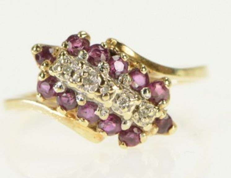 10K Yellow Gold Ruby Diamond Slanted Cluster Statement Ring
