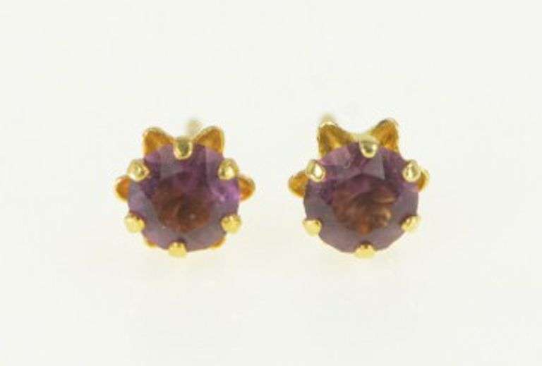 10K Yellow Gold Round Sim. Amethyst Solitaire Vintage Stud Earrings