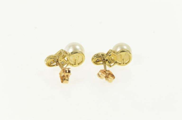 10K Yellow Gold Pearl Diamond Ribbon Vintage Stud Earrings