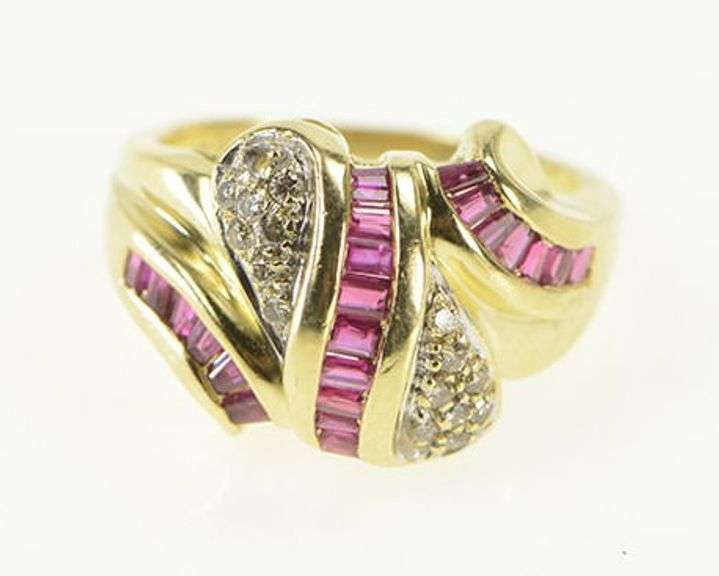 14K Yellow Gold Baguette Ruby Diamond Pave Wave Statement Ring