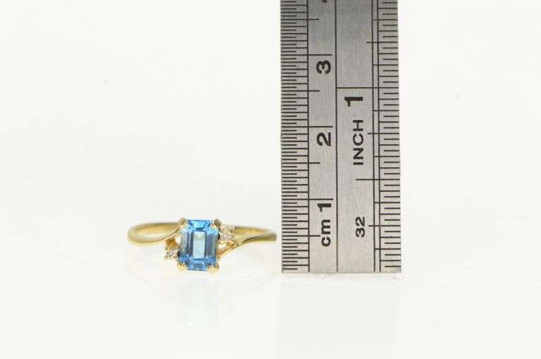 10K Yellow Gold Emerald Cut Blue Topaz Diamond Accent Ring
