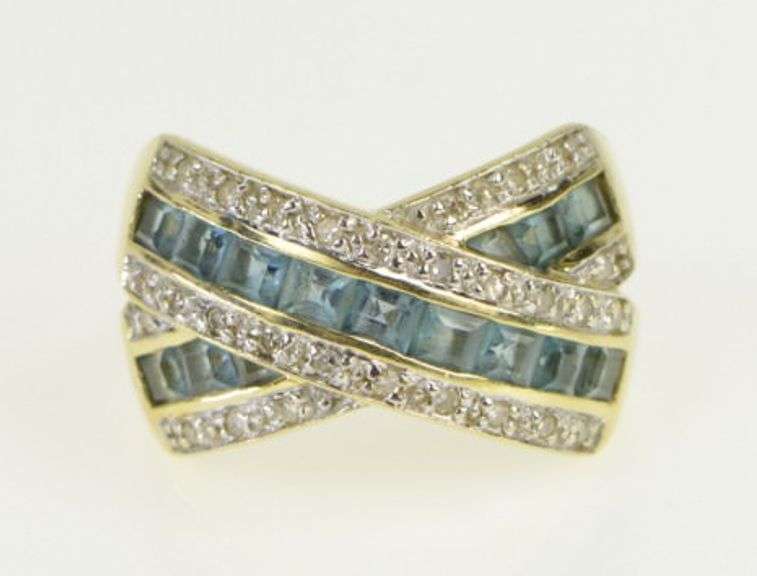 14K Yellow Gold Diamond Blue Topaz Criss Cross X Band Ring