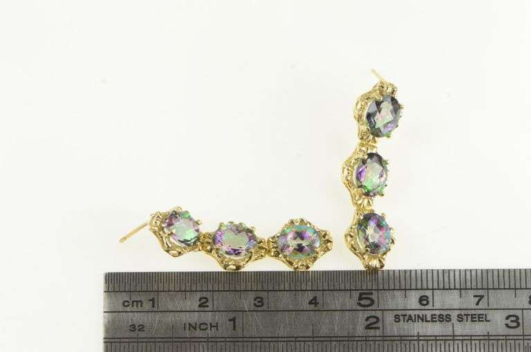 14K Yellow Gold Faceted Oval Mystic Topaz Dangle Earrings
