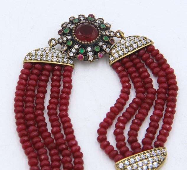 925 Sterling Silver Emerald, Ruby and Cubic Zirconia with 6.75 inches 5 Row Ruby Beads Bracelet