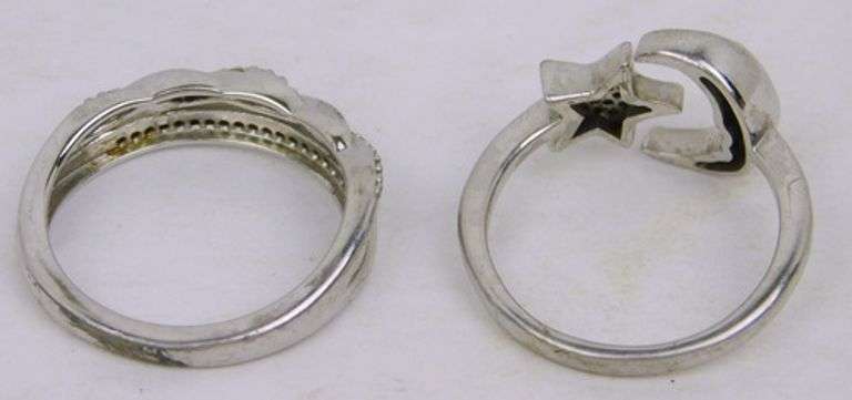 2 Sterling Silver Pave Diamond Rings, Size 6.5