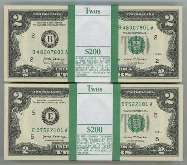 2 Diff. Gem Bank-Sealed Packs Series 2017-A $2 Bills in Sequence (B & E)