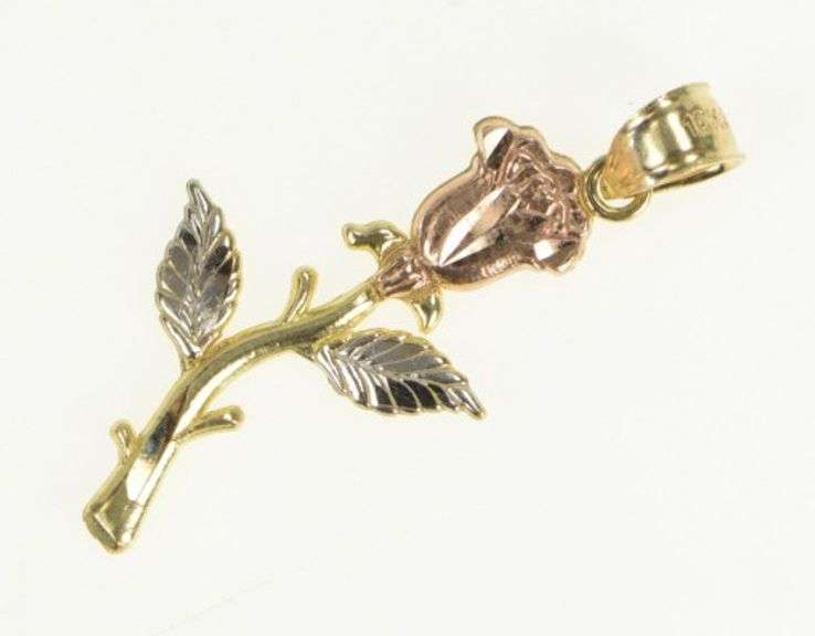 10K Yellow Gold Tri Tone Rose Flower Ornate Romantic Love Pendant