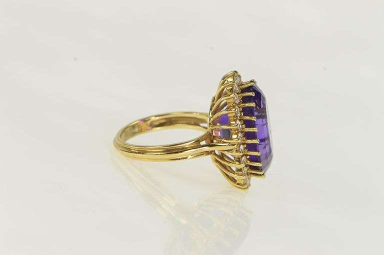 14K Yellow Gold Oval Amethyst Diamond Halo Cocktail Ring