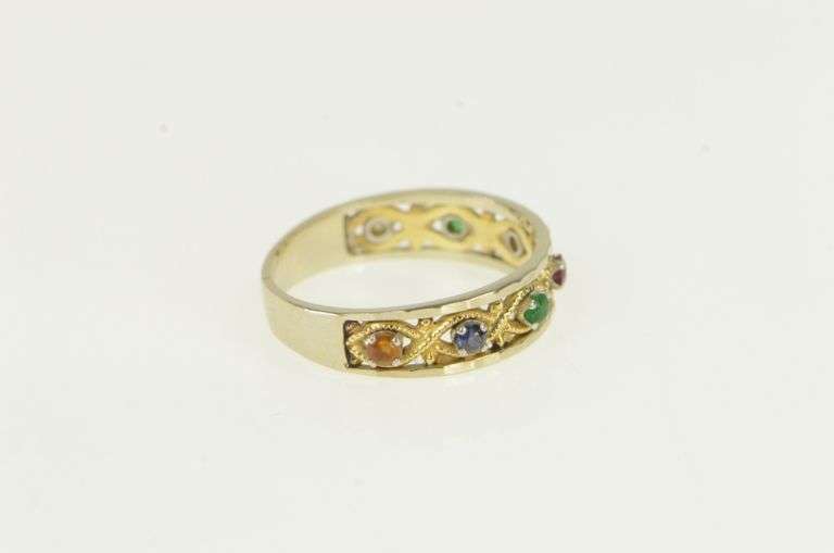 14K Yellow Gold Vintage Sim. Ruby Sapphire Emerald Rainbow Band Ring