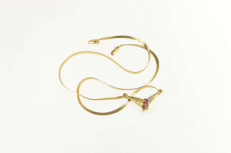 14K Yellow Gold Marquise Ruby Diamond Chevron Chain Necklace