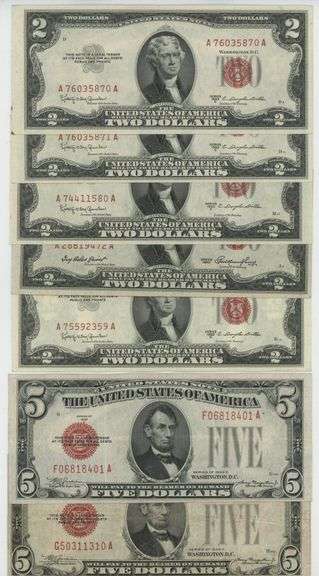 5 1953 $2 Red Seals in AU & 2 1928 $5 Red Seals in nice circ (7 total)