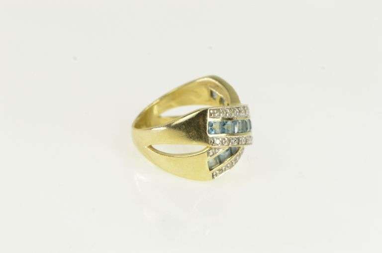 14K Yellow Gold Diamond Blue Topaz Criss Cross X Band Ring