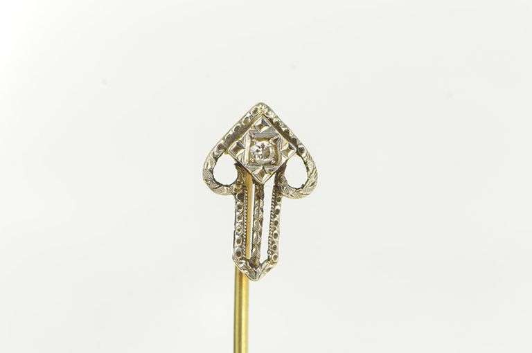 14K Yellow Gold Art Deco Diamond Ornate Filigree Arrow Stick Pin